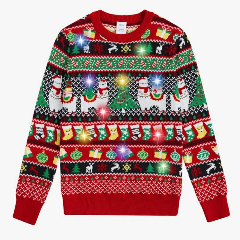 Festive LED LIGHT UP Kids 5-6 years Llama Holiday Knit Pullover sweater